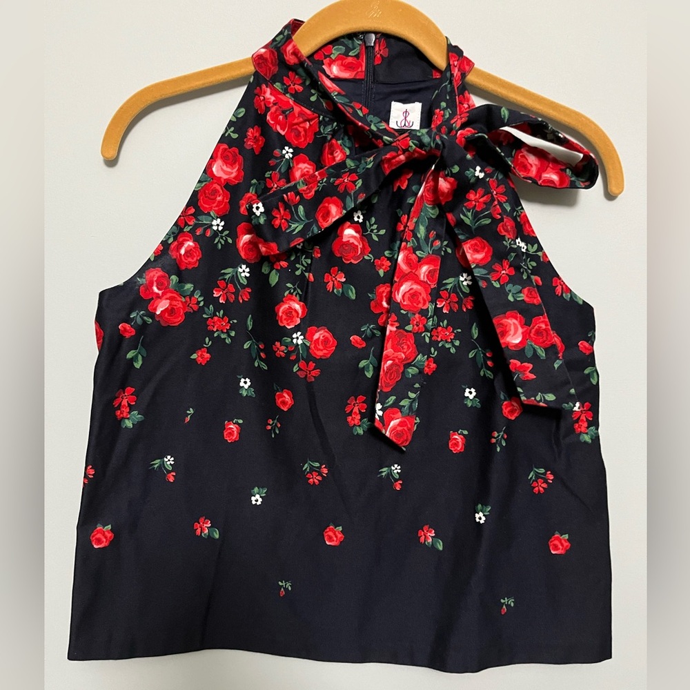 J and J navy blue and red rose print halter top with a bow tie around the neck